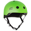 The S1 HELMET CO. S1 LIFER GREEN MATTE HELMET features dual certification, black ventilation holes, a black adjustable chin strap, and the S1 logo on the side.