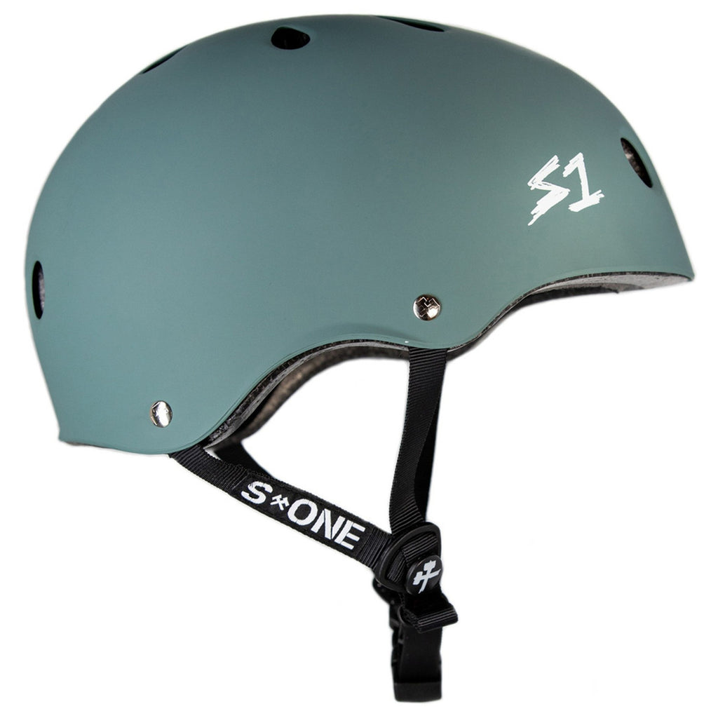 The side view of A teal green helmet with black straps and a white S1 logo on the front.