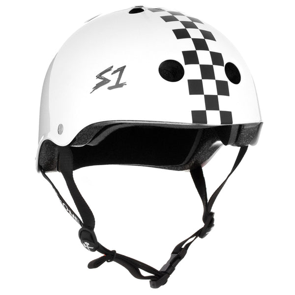 A white helmet with a black and white checkered pattern stripe down the middle.