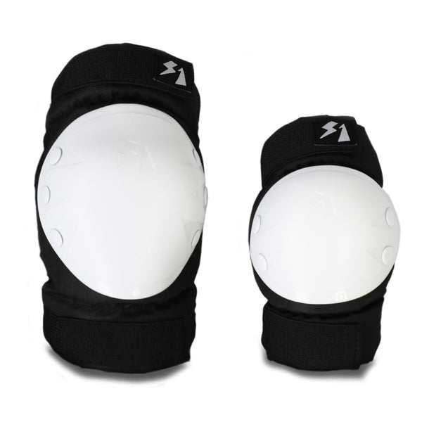 A pair of S1 knee and elbow black and white pads on a white background.