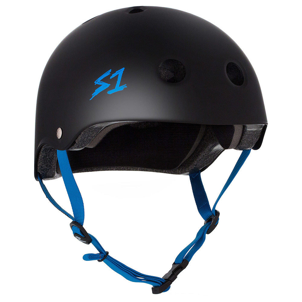 The S1 HELMET CO. S1 LIFER BLACK MATTE CYAN STRAP HELMET features a black dual certified shell with cyan straps and a blue “S1” logo on the side, displayed against a white background.