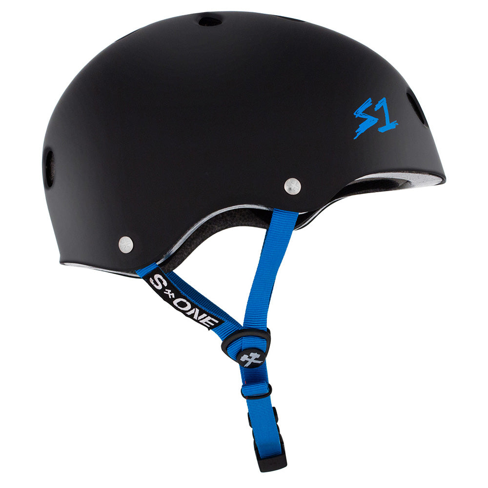 The S1 LIFER BLACK MATTE CYAN STRAP HELMET by S1 HELMET CO. features a blue adjustable chin strap and "S1" logo on the side. This dual certified helmet provides reliable protection for skaters.