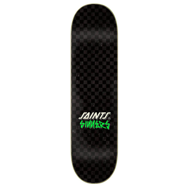 A Santa Cruz skateboard with a Gravette Hippie Skull design on it.