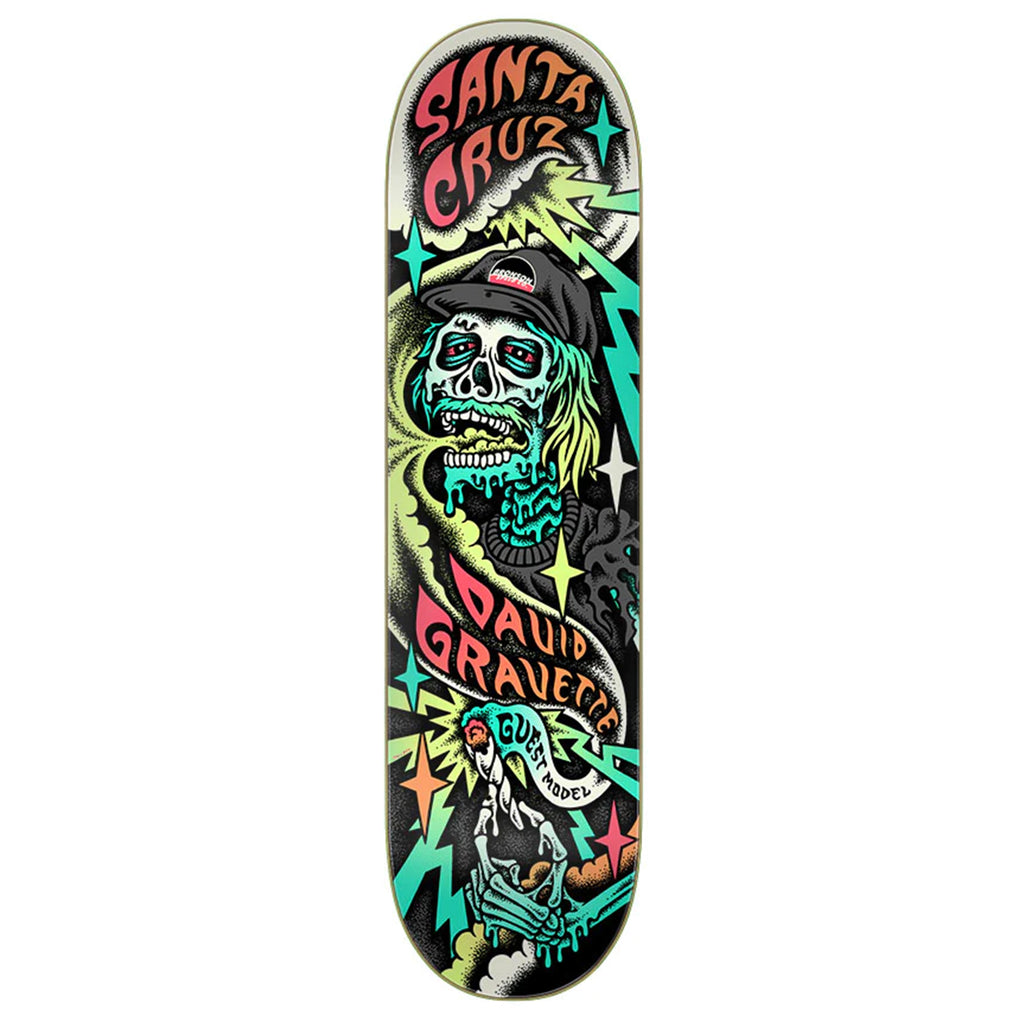 A SANTA CRUZ GRAVETTE HIPPIE SKULL skateboard.