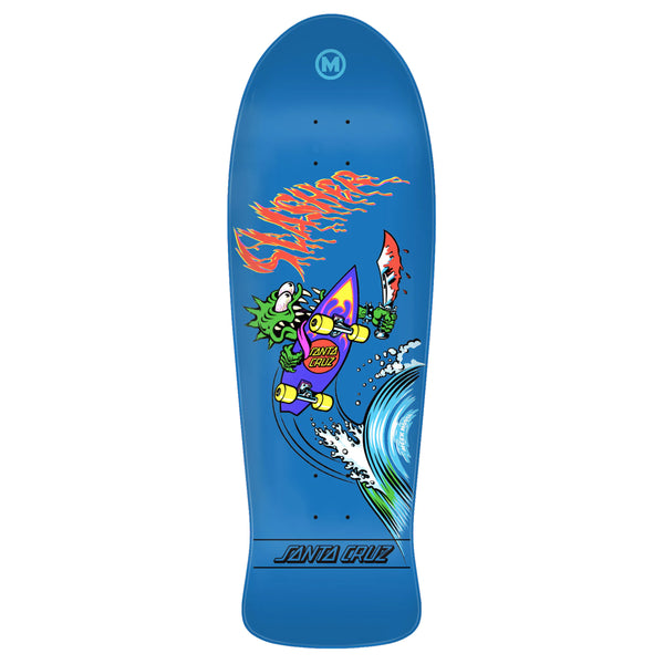 An SANTA CRUZ MEEK OG SLASHER REISSUE skateboard with a surfer image.