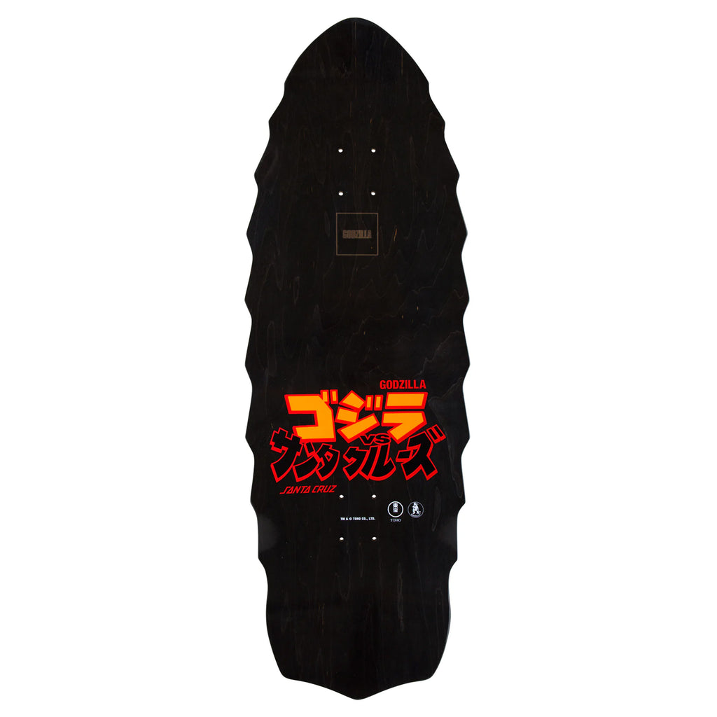 This SANTA CRUZ x GODZILLA DESTROYER skateboard deck features red and orange Godzilla-themed text with Japanese characters, crafted from durable North American Maple by Santa Cruz.