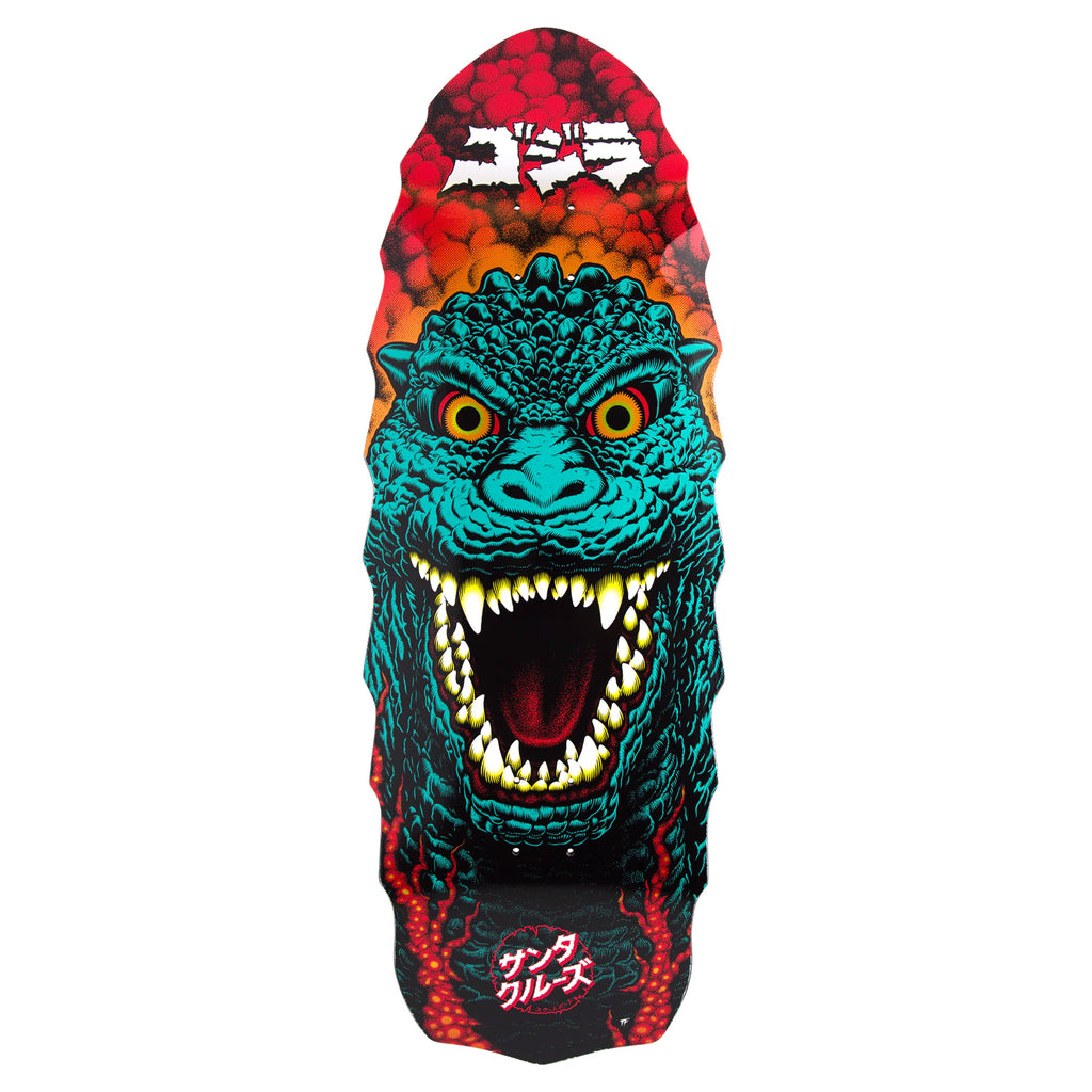Introducing the SANTA CRUZ X GODZILLA DESTROYER deck, this eye-catching skateboard from SANTA CRUZ features a dynamic illustration of a roaring monster inspired by Godzilla Kaiju Roskopp. The design includes large teeth and fiery eyes set against a bold red and orange backdrop, all crafted from durable North American Maple.