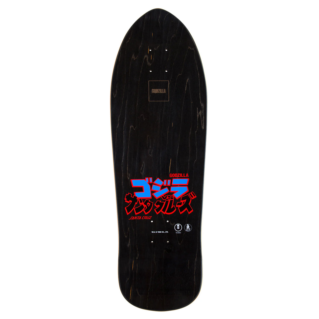 The SANTA CRUZ X GODZILLA JR. NATAS skateboard deck, crafted from North American Maple, showcases a striking graphic design with Japanese text and "Godzilla Destroyer," alongside the Santa Cruz Skateboards logo.