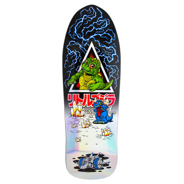 The SANTA CRUZ X GODZILLA JR. NATAS skateboard deck by SANTA CRUZ displays cartoon-style green and blue dinosaurs, cracked eggs, and a broken car. Made from durable North American Maple, it includes Japanese text beneath the dinosaurs as a tribute to the legendary Godzilla Destroyer.