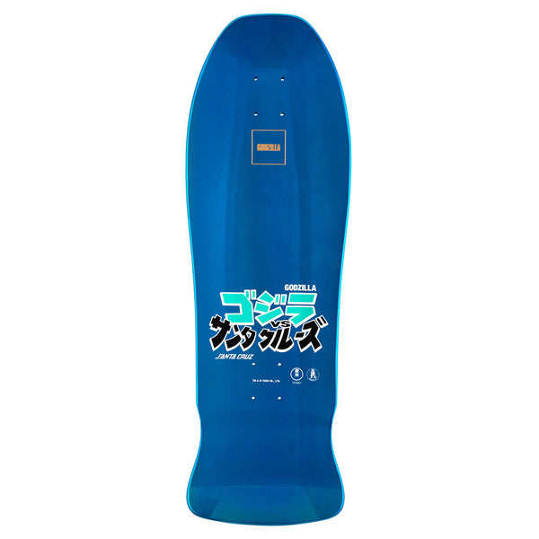 The SANTA CRUZ X GODZILLA KAIJU ROSKOPP skateboard deck boasts a distinctive shape and features intricate Japanese characters in white and light blue. Crafted from premium North American Maple, it's ideal for enthusiasts of the iconic Godzilla Natas Mothra deck.