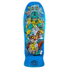 The SANTA CRUZ X GODZILLA KAIJU ROSKOPP skateboard deck, crafted from North American Maple, showcases a vibrant, chaotic design filled with creatures and objects. It features a large multi-headed blue monster resembling Godzilla alongside a red butterfly, embodying the iconic ethos of Santa Cruz Skateboards.