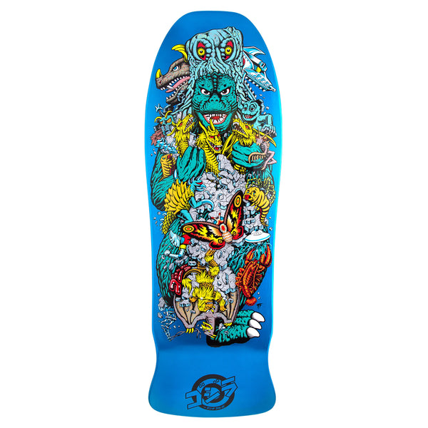 The SANTA CRUZ X GODZILLA KAIJU ROSKOPP skateboard deck, crafted from North American Maple, showcases a vibrant, chaotic design filled with creatures and objects. It features a large multi-headed blue monster resembling Godzilla alongside a red butterfly, embodying the iconic ethos of Santa Cruz Skateboards.