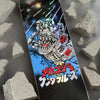 The SANTA CRUZ X GODZILLA MECHA HAND skateboard deck from SANTA CRUZ features a vibrant design with a robotic creature against gray rubble, made from durable North American Maple.