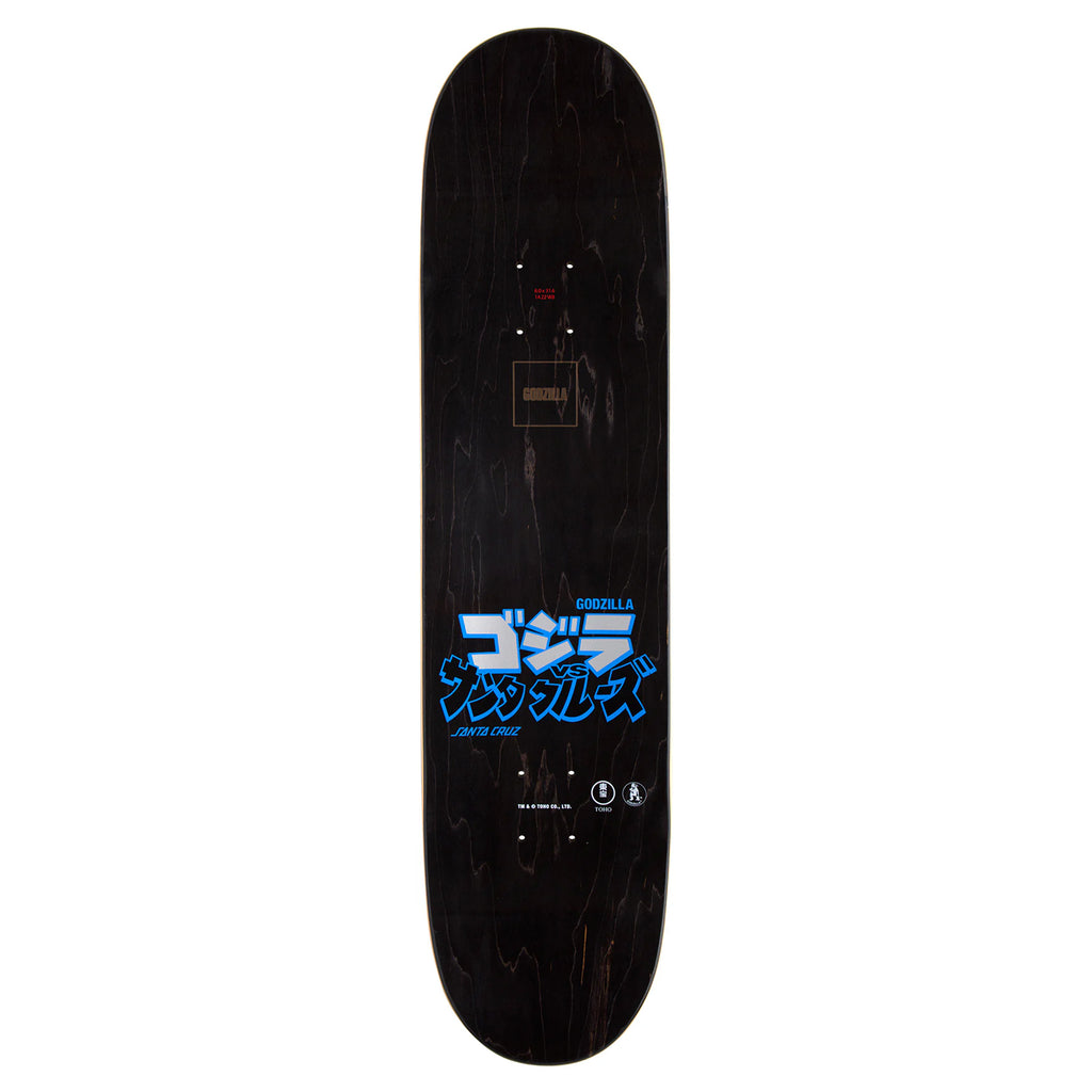 The SANTA CRUZ X GODZILLA MECHA HAND skateboard deck is expertly crafted from premium North American Maple, showcasing a bold black background adorned with blue and white text in both Japanese and English. This design celebrates the legendary Godzilla Kaiju Roskopp and is a distinguished piece in the Santa Cruz Skateboards collection.