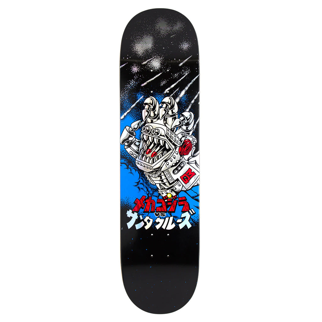 The SANTA CRUZ X GODZILLA MECHA HAND skateboard deck from SANTA CRUZ features a design with a robotic hand holding a rose against a cosmic backdrop with Japanese text. Made from high-quality North American Maple, it pays homage to the iconic Godzilla Kaiju Roskopp series.