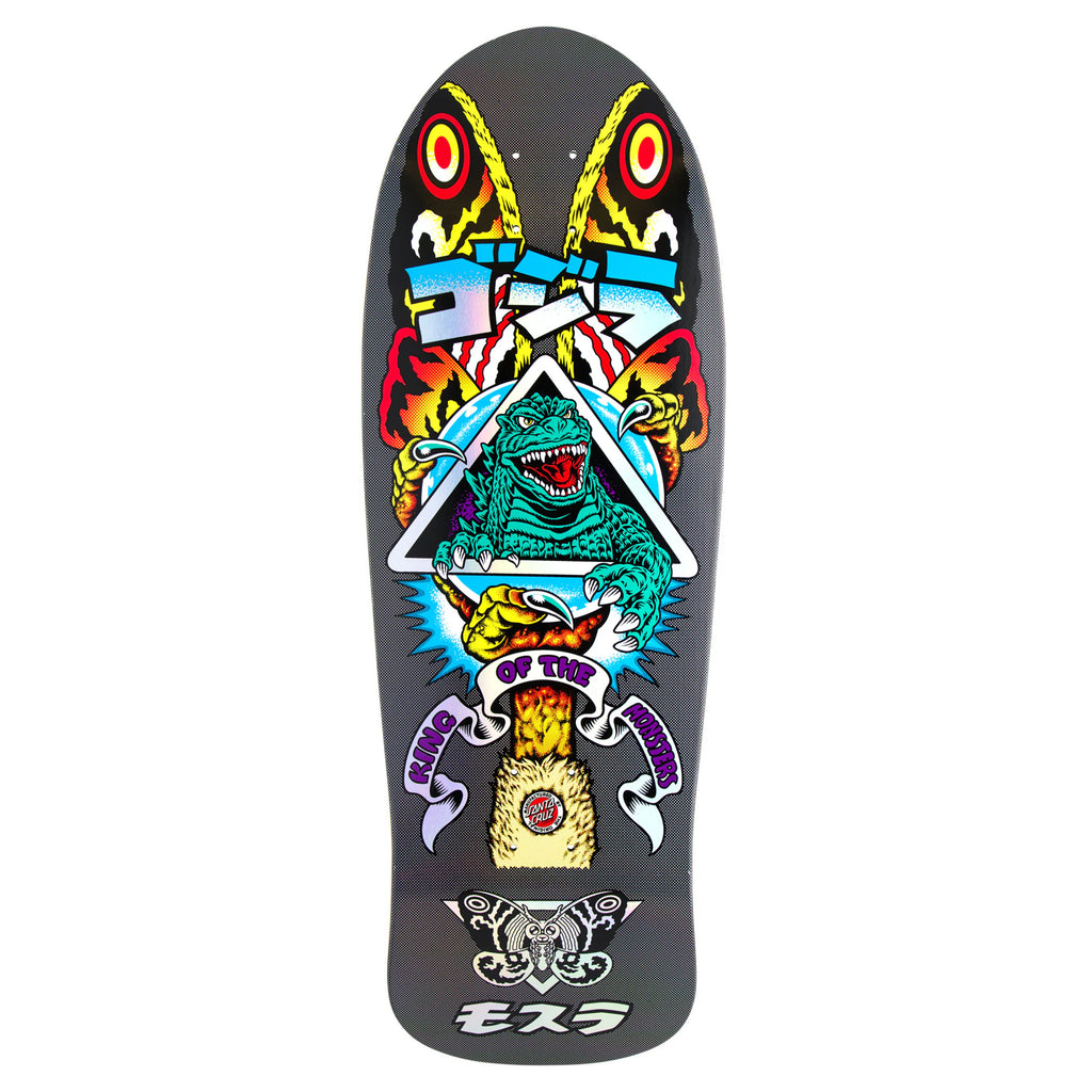 This vibrant skateboard deck, named the SANTA CRUZ X GODZILLA MOTHRA NATAS, includes a captivating design with a blue monster and red eyes amidst dynamic patterns and graffiti-inspired text that reads "Kings of the..." Drawing inspiration from the Keith Meek OG Slasher design, it showcases Santa Cruz's classic flair with an old school concave for an exceptional riding experience.