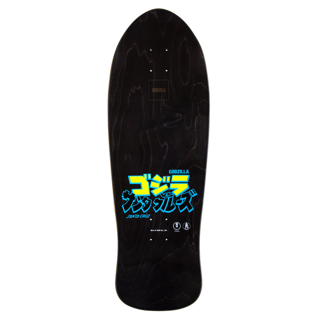 This SANTA CRUZ x Godzilla deck showcases vibrant Japanese-style text and a logo against a sleek black backdrop. Featuring the iconic Mothra Natas design and an Old School concave, it's ideal for those who appreciate style and classic skateboarding heritage.