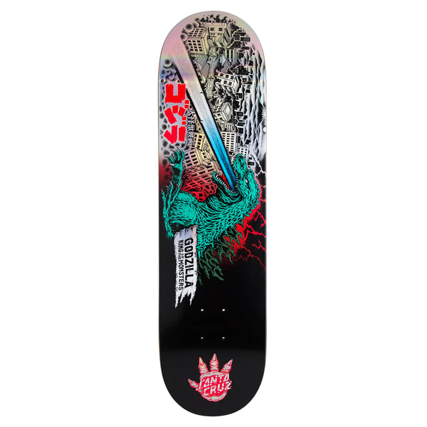 The SANTA CRUZ X GODZILLA O'BRIAN REAPER skateboard deck features a vibrant Godzilla Mecha Hand design set against a cityscape. Incorporating vivid greens, reds, and yellows, it is expertly crafted from premium North American Maple. The iconic Santa Cruz logo adorns the bottom, completing this eye-catching piece.