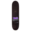 The SANTA CRUZ X GODZILLA SHIN KNOX FIREPIT skateboard deck by SANTA CRUZ showcases Japanese text with a vivid purple graphic set against a dark wood background, crafted from North American Maple.