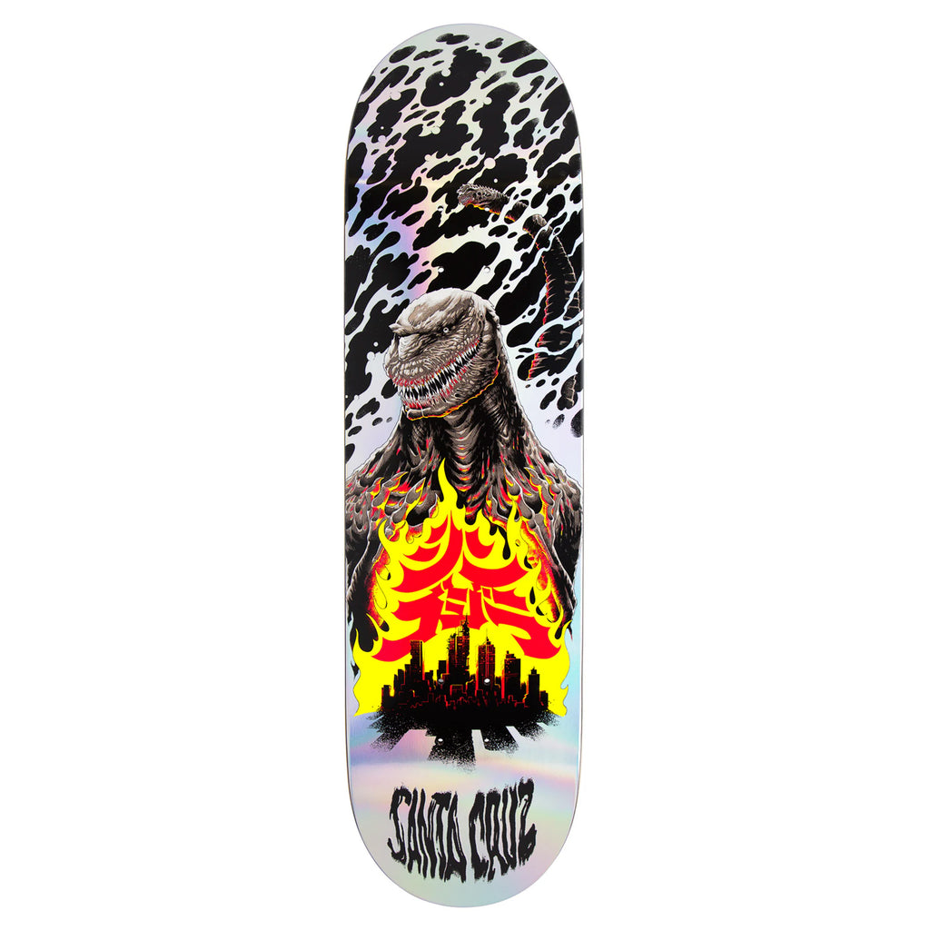 This skateboard deck from the Santa Cruz X Godzilla Shin Knox Firepit collection displays a striking monster illustration against a backdrop of a burning cityscape and dark clouds. Made from North American Maple, it embodies the iconic "Santa Cruz" style.