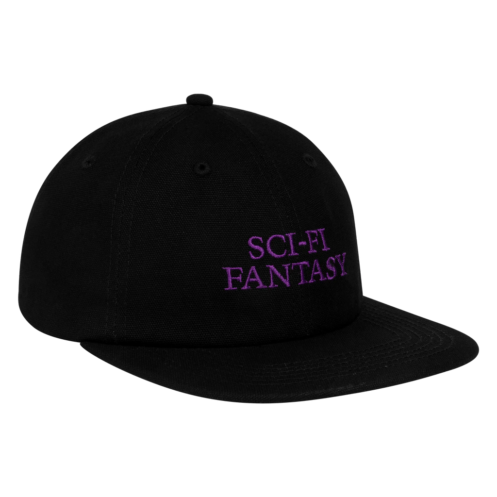 A SCI-FI FANTASY LOGO HAT BLACK/PURPLE with purple lettering that says Sophie Fantasy, adding a touch of fantasy flame.