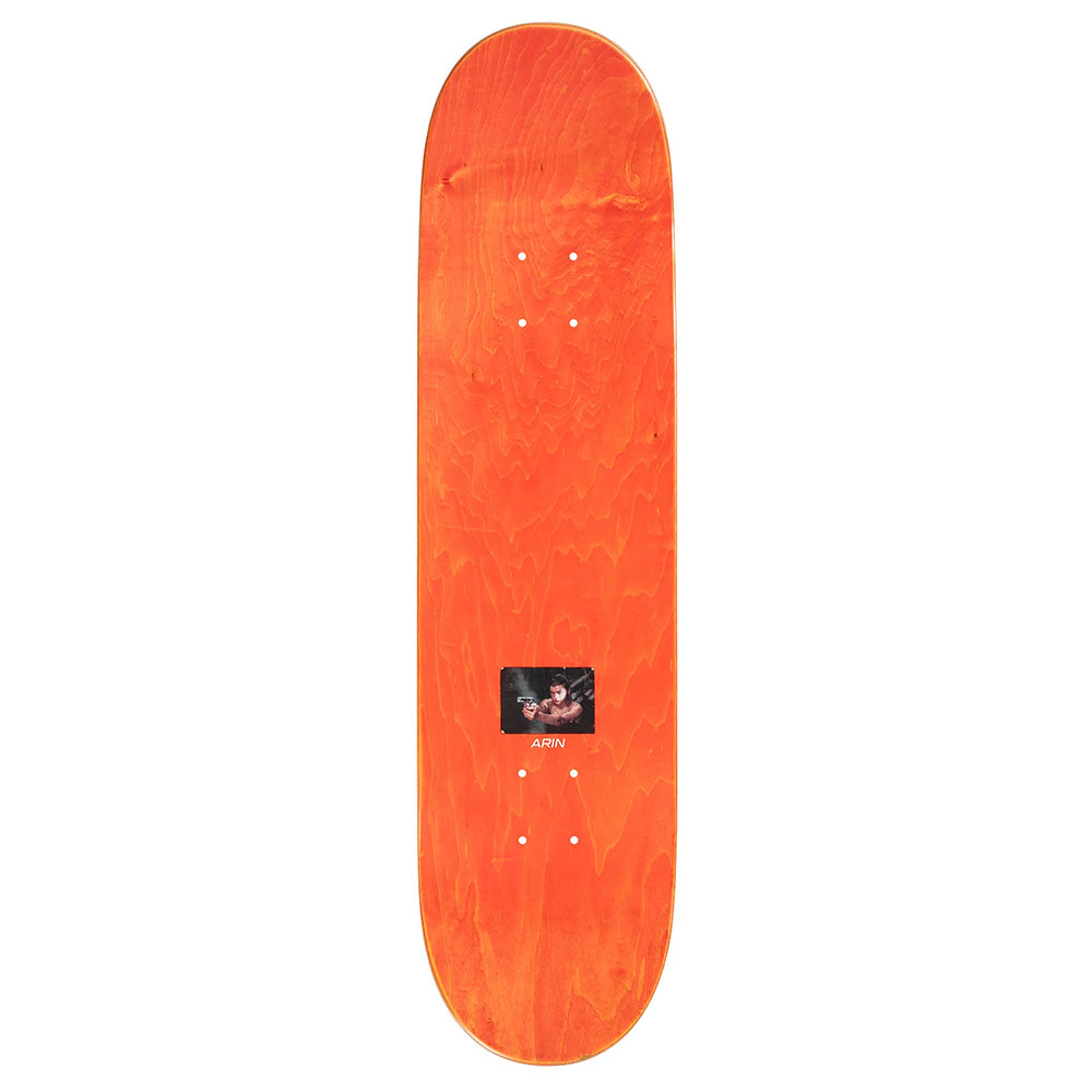The SCI-FI FANTASY ARIN EVIL skateboard deck features a bold orange color and a small black and white "ARNY" graphic—ideal for fans of sci-fi fantasy style and the iconic ARIN EVIL design from SCI-FI FANTASY.