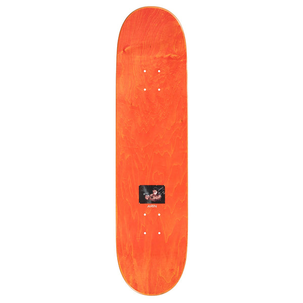 The SCI-FI FANTASY ARIN EVIL skateboard deck features a bold orange color and a small black and white "ARNY" graphic—ideal for fans of sci-fi fantasy style and the iconic ARIN EVIL design from SCI-FI FANTASY.