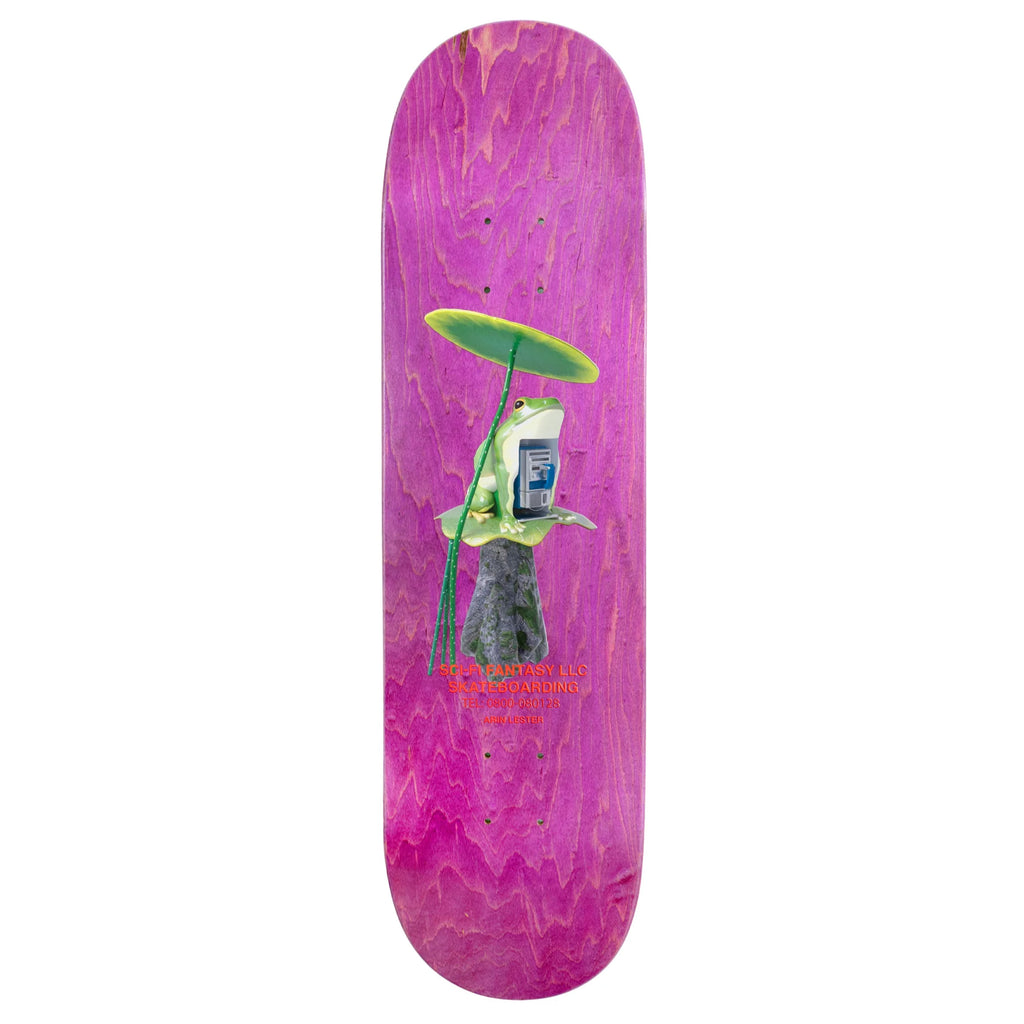 A SCI-FI FANTASY skateboard deck with an image of a cat on it, designed by Corey Glick.
