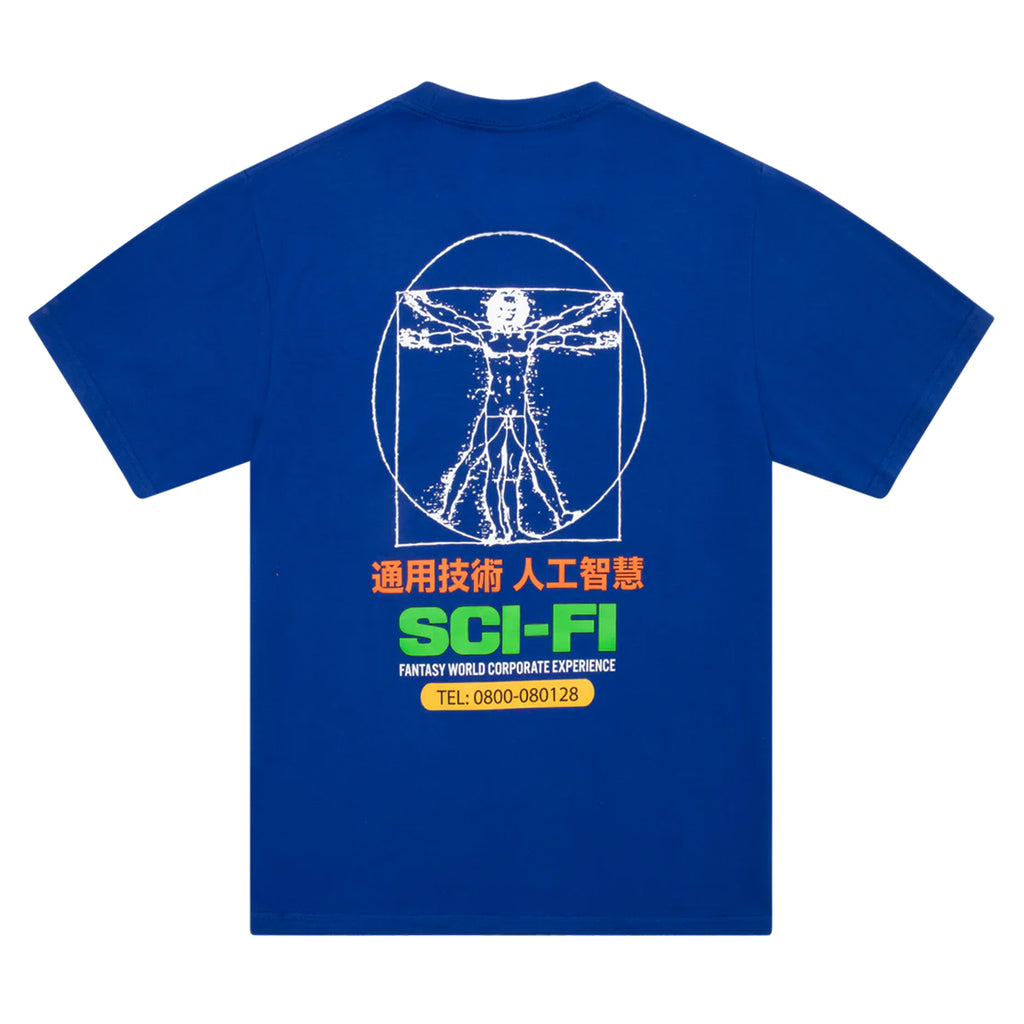 The back of a royal blue t-shirt with a white print of the Vitruvian Man drawing.