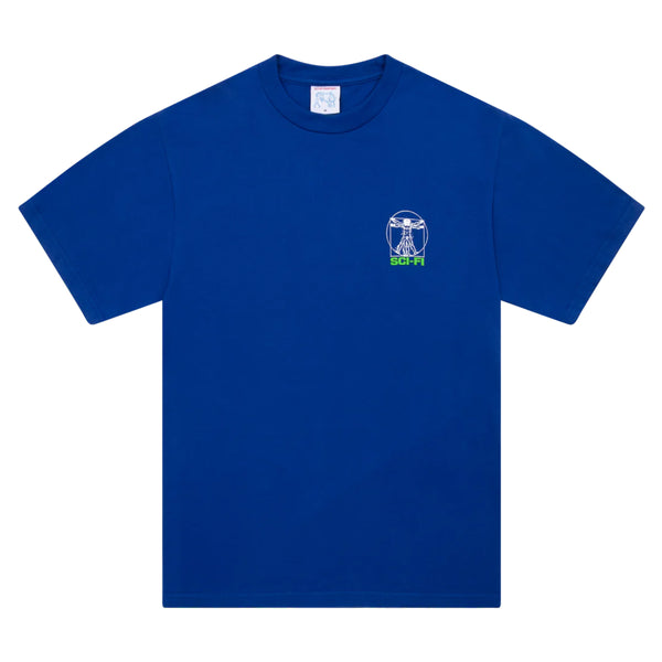 A royal blue t-shirt with a white left chest print. 