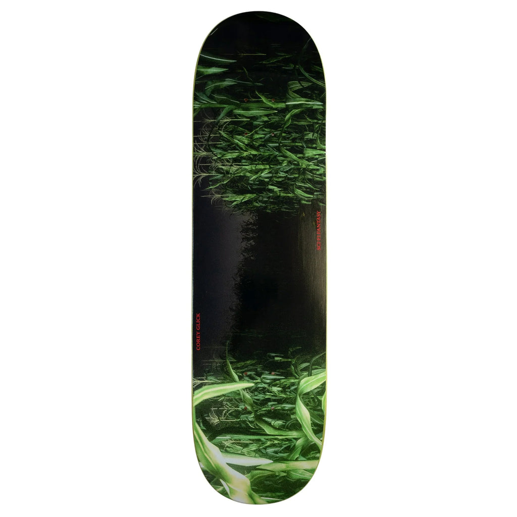 A SCI-FI FANTASY COREY GLICK CORNFIELD skateboard deck with a green image on it.