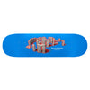 A sideways view of a blue skateboard deck with a red glowing image of Stonehenge and a QR code. 