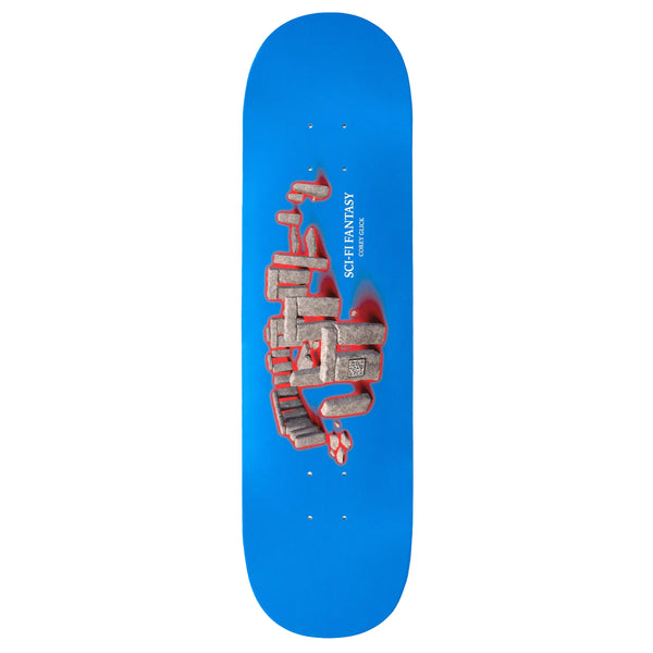 A blue skateboard deck with a red glowing image of Stonehenge and a QR code. 