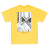 city drawing graphic on back of shirt with red text