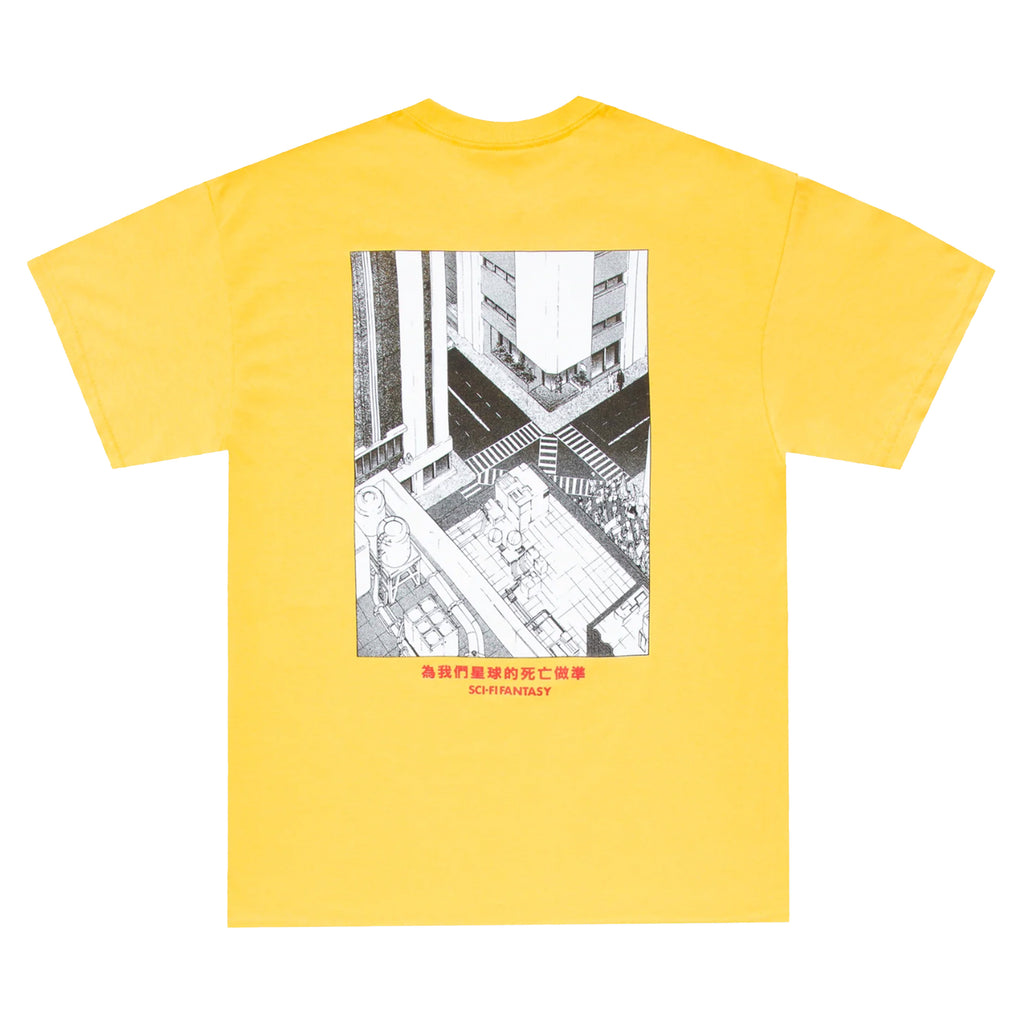 city drawing graphic on back of shirt with red text