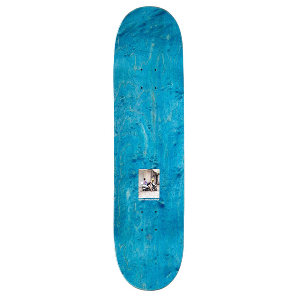 A blue skateboard with a picture, SCI-FI FANTASY ENDLESS BEAUTY.