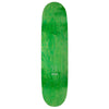 The topside of a green stained skateboard that has a drawing of two naked humans.