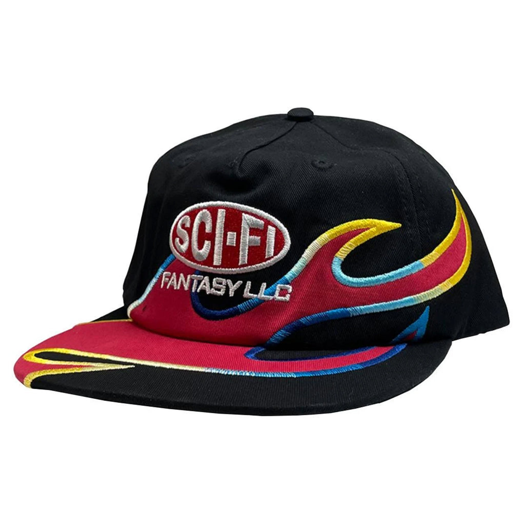 A SCI-FI FANTASY hat with a flame design on it.