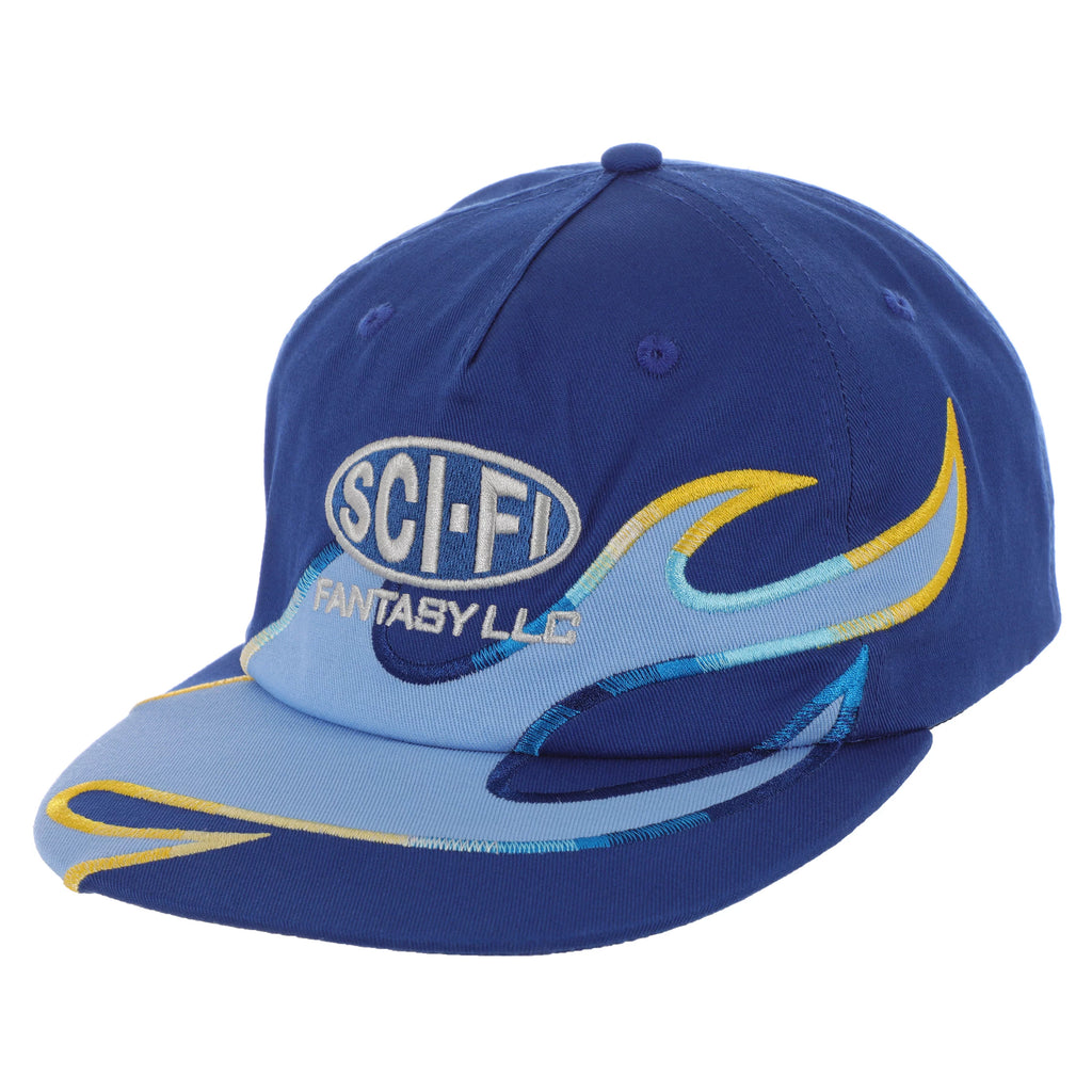 A blue and yellow SCI-FI FANTASY hat with the word scifi on it