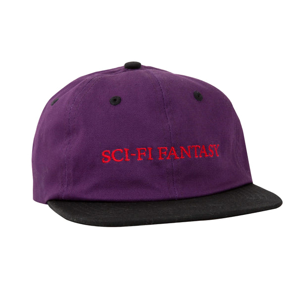 front view of purple hat with red text and a black bill 