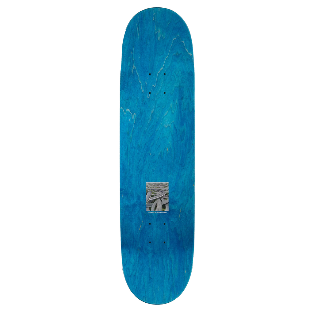 The top of a blue stained skateboard and the same graphic as is on the other side but smaller.