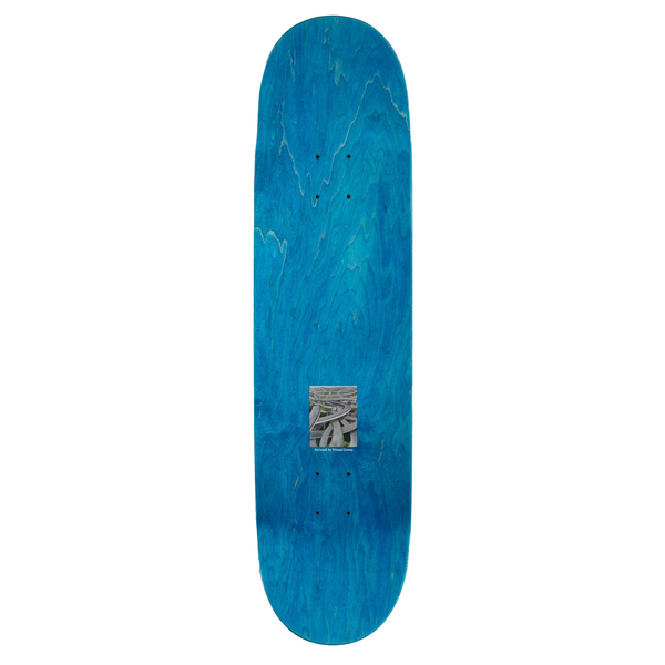 The top of a blue stained skateboard and the same graphic as is on the other side but smaller.