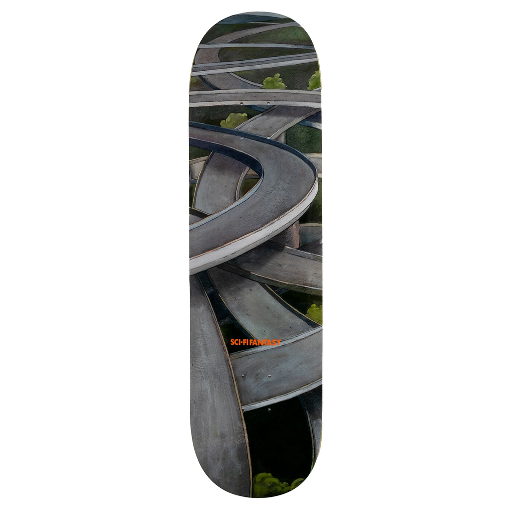 A skateboard deck with a painting of curvy highways overlapping on it on a white background.