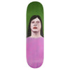 A SCI-FI FANTASY skateboard with a woman's face painted on it, giving it a futuristic sci-fi vibe.