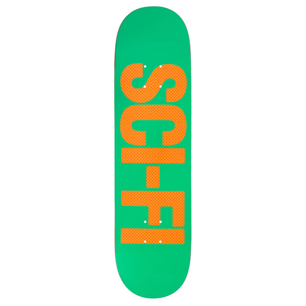 The SCI-FI FANTASY HIGH GLOSS BIG LOGO GREEN skateboard deck features a bold, vertical orange "SCI-FI" logo on a glossy green background.