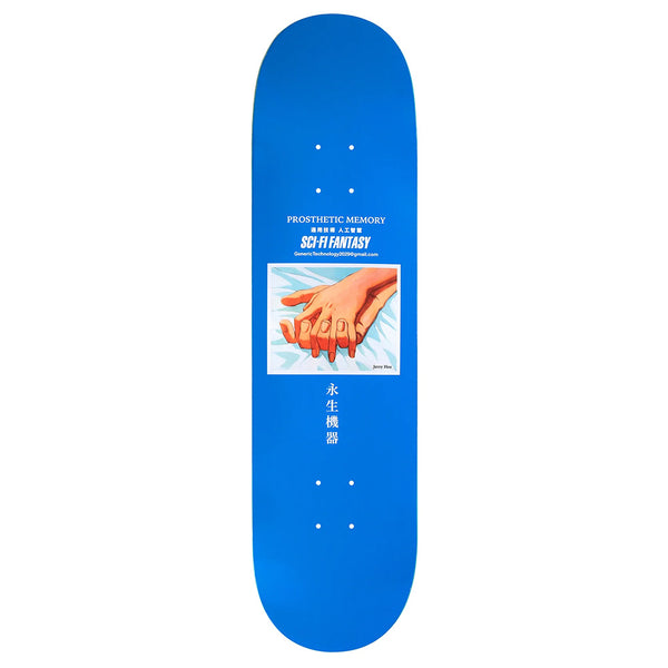 The SCI-FI FANTASY HSU PROSTHETIC MEMORY is a blue 8.25 skateboard deck with artwork of two hands touching, "HSU PROSTHETIC MEMORY A.K.A. SCI-FI FANTASY" text, and Chinese characters below the image.