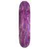 The top of a purple stained skateboard with a small print of a key.