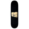 A black skateboard deck with an image of a file folder chained up with a lock.