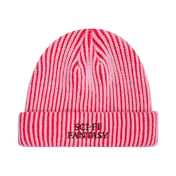 The SCI-FI FANTASY LOGO BEANIE in pink and dark red features the brand's logo embroidered in black on the folded brim.