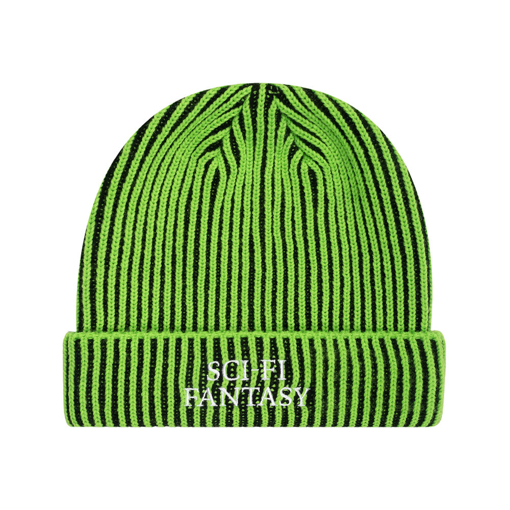 The SCI-FI FANTASY LOGO BEANIE LIME / BLACK by SCI-FI FANTASY features green and black stripes with "SCI-FI FANTASY" embroidered in white on the folded brim—ideal for logo beanie fans.